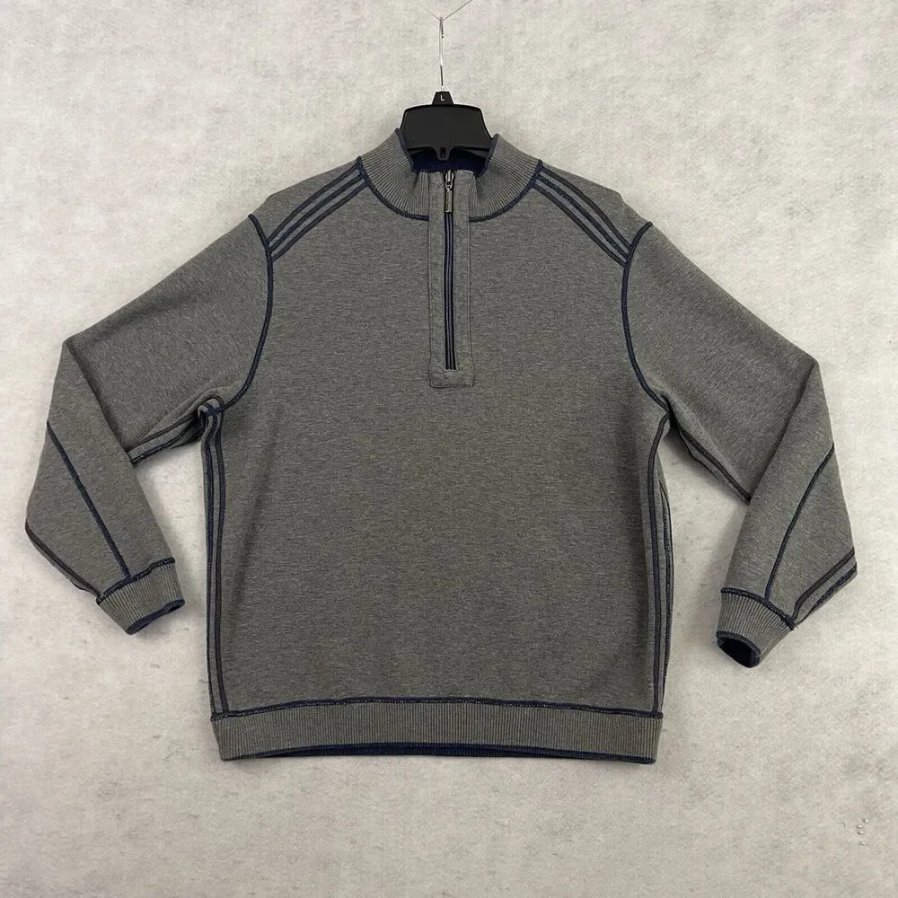Tommy Bahama 1/4 Zip Sweater Mens Large Gray Blue Reversible Pullover Casual